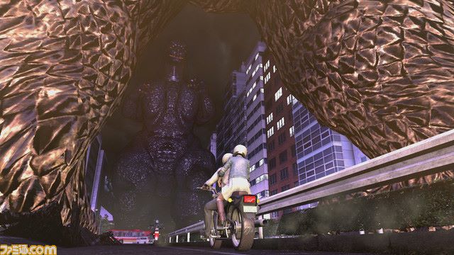 1boy, 1girl, alien, city_shrouded_in_shadow, dinosaur, dragon, giant, giant_monster