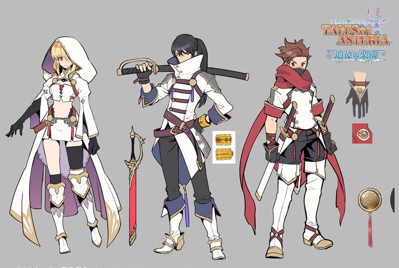 1girl, 2boys, bad_id, bad_twitter_id, black_hair, blonde_hair, elbow_gloves, gloves, hood, in-franchise_crossover, lloyd_irving, lloyd_irving_(fang_of_the_white_lions), mask, midriff, milla_maxwell, multiple_boys, official_alternate_costume, red_eyes, sachico66, scarf, single_thighhigh, sword, tales_of_(series), tales_of_asteria, tales_of_symphonia, tales_of_vesperia, tales_of_xillia, thighhighs, weapon, yuri_lowell