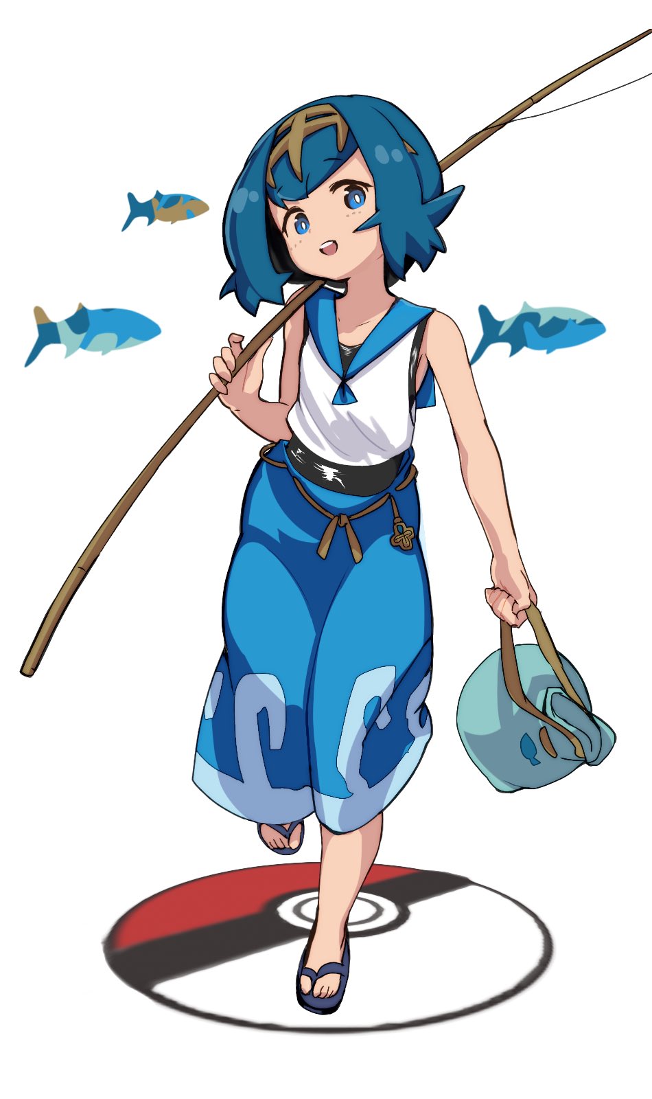 1girl, bad_id, bad_twitter_id, baggy_pants, blue_eyes, blue_hair, doroame_(ameyu), female_focus, fish, fishing_rod, full_body, hairband, highres, lana_(pokemon), looking_at_viewer, nintendo, open_mouth, pants, pokemon, pokemon_sun_and_moon, sandals, shirt, short_hair, simple_background, sleeveless, sleeveless_shirt, slippers, smile, solo, swimsuit, swimsuit_under_clothes, trial_captain, white_background