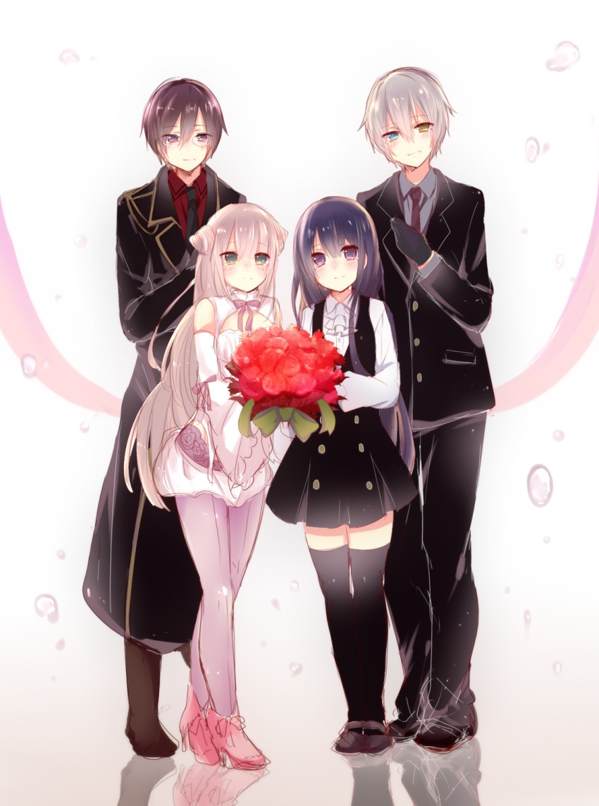 2boys, 2girls, black_dress, black_gloves, black_hair, black_jacket, black_legwear, black_necktie