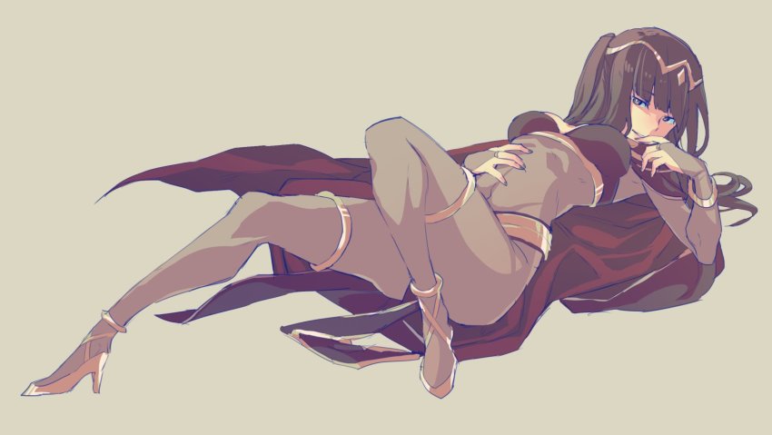 1girl, aisutabetao, black_hair, breasts, cape, cleavage, cleavage_cutout, clothing_cutout, female_focus, fire_emblem, fire_emblem_awakening, highres, looking_at_viewer, lying, nail_polish, nintendo, on_back, simple_background, solo, tharja_(fire_emblem)