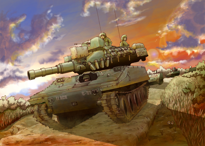 3boys, armored_personnel_carrier, armored_vehicle, assault_gun, cloud, day, earasensha, evening