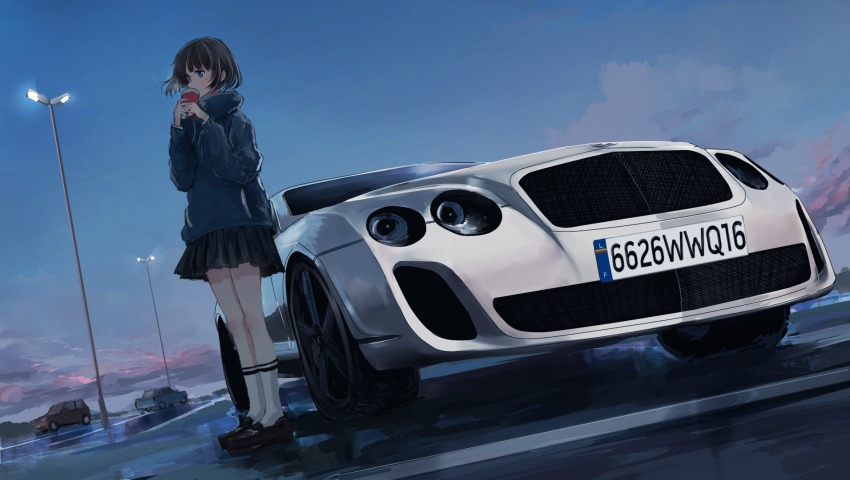 1girl, bentley, bentley_continental_gt, black_hair, black_shoes, black_skirt, blue_eyes, blush