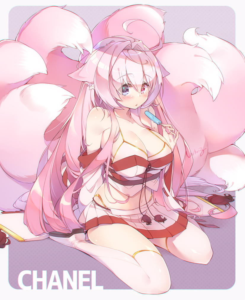 ahoge, animal_ears, artist_name, boots, breasts, character_name, cleavage, food