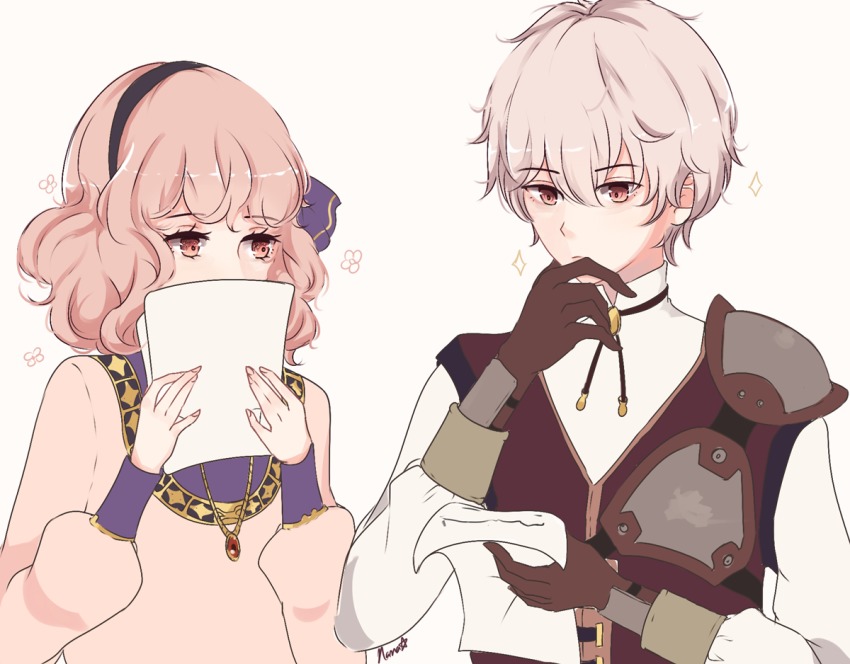 1boy, 1girl, curly_hair, fire_emblem, fire_emblem_echoes:_shadows_of_valentia, flower, genny_(fire_emblem), gloves, grey_background, hairband, jewelry, kliff_(fire_emblem), nana_(mizukas), necklace, nintendo, paper, pink_hair, red_eyes, simple_background, sparkle, upper_body, white_hair