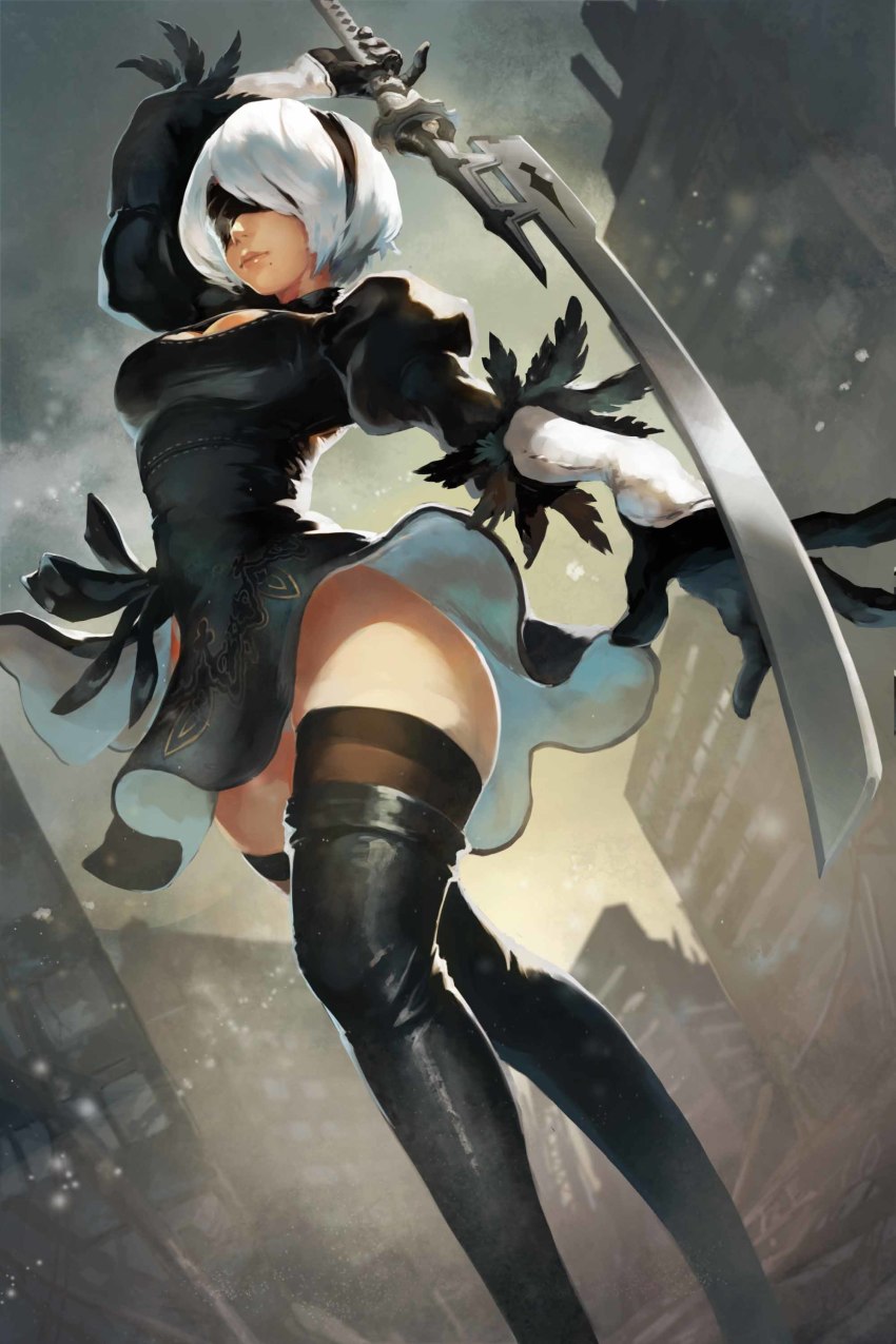 1girl, 2b_(nier:automata), absurdres, arm_up, black_boots, black_dress, blindfold, boots, breasts, building, closed_mouth, day, dress, dutch_angle, female_focus, from_below, from_side, hairband, highres, holding, holding_sword, holding_weapon, knee_boots, medium_breasts, mole, mole_under_mouth, nier:automata, nier_(series), outdoors, outstretched_arm, saku_(sakudeji), short_hair, solo, standing, sword, weapon, white_hair