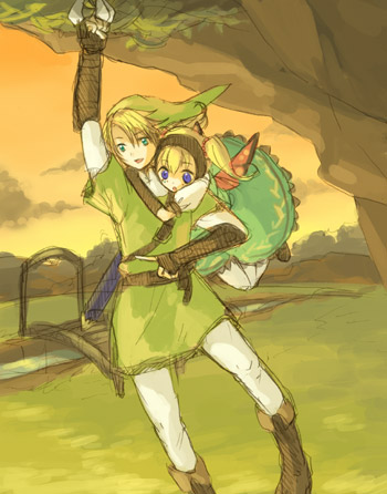 1boy, 1girl, agitha, blonde_hair, blue_eyes, gloves, kobayashi_kabura, link, lowres, nintendo, pantyhose, the_legend_of_zelda, the_legend_of_zelda:_twilight_princess, twintails