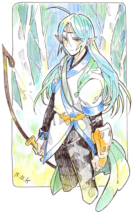 1boy, ahoge, armor, blue_hair, bow_(weapon), brambert_milene, elf, long_hair, pants, pointy_ears, tales_of_(series), tales_of_phantasia, weapon, yellow_eyes