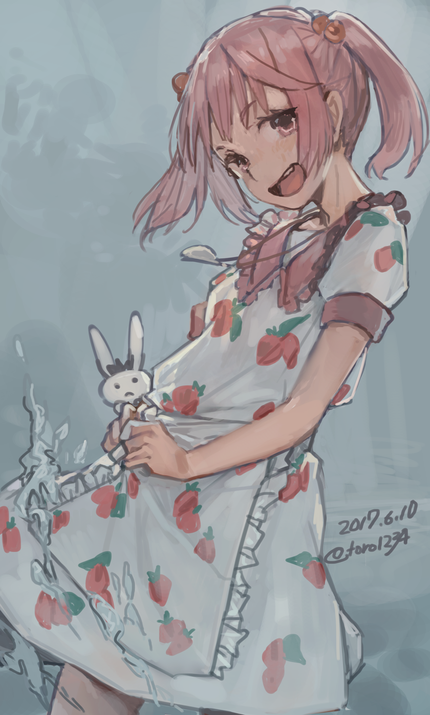 10s, 1girl, beads, dated, dress, female_focus, food_print, fruit_print