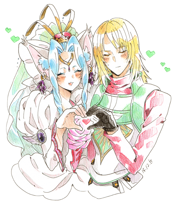1boy, 1girl, agarte_lindblum, animal_ears, armor, blonde_hair, blue_hair, blush