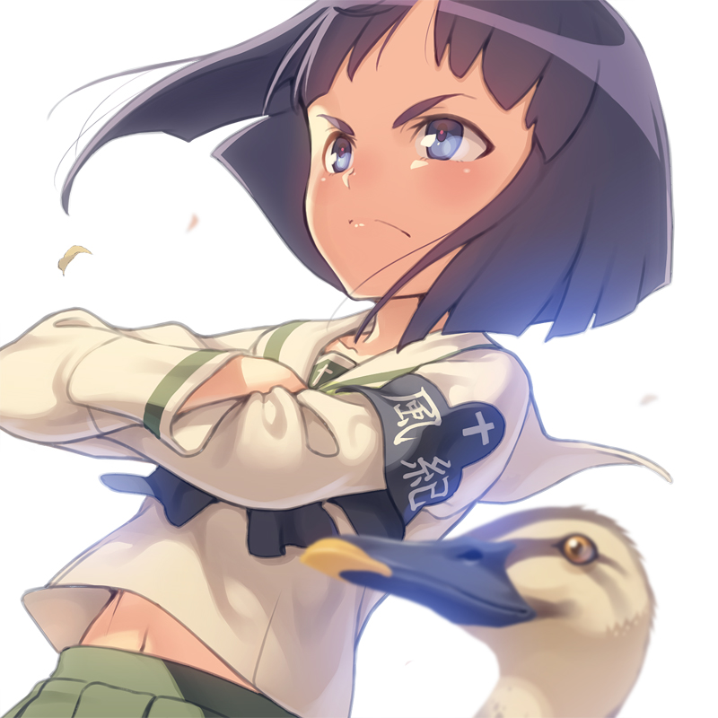 >:(, 10s, 1girl, animal, armband, bad_id, bad_pixiv_id, beak, bird, black_neckerchief, blue_eyes, blurry, blush, brown_hair, closed_mouth, clothes_writing, collarbone, cross, crossed_arms, depth_of_field, duck, dutch_angle, female_focus, from_below, frown, girls_und_panzer, green_skirt, long_sleeves, mallard, navel, neckerchief, ooarai_school_uniform, pairan, pleated_skirt, school_uniform, serious, shirt, short_hair, simple_background, skirt, solo, sono_midoriko, thick_eyebrows, upper_body, v-shaped_eyebrows, white_background, white_shirt