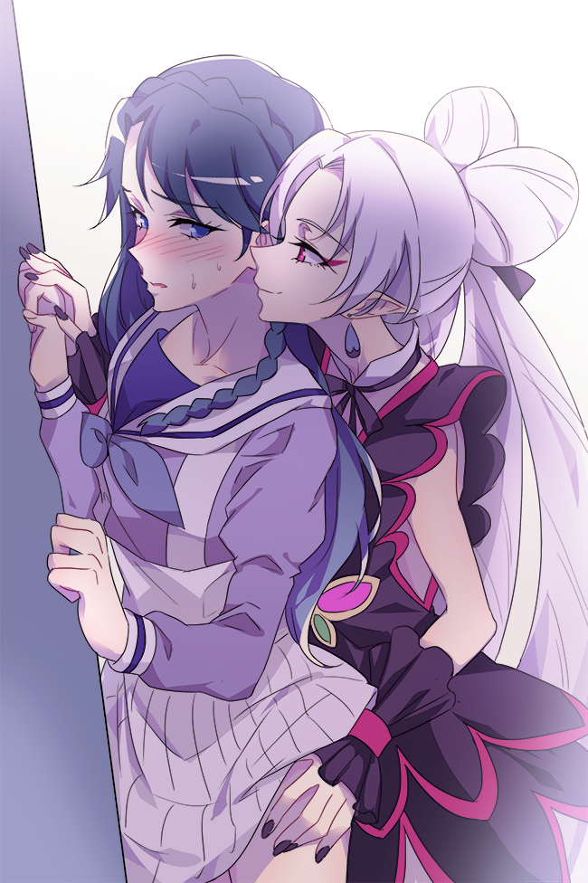 2girls, akagi_towa, black_nails, black_skirt, blue_eyes, blue_hair, blush, braid