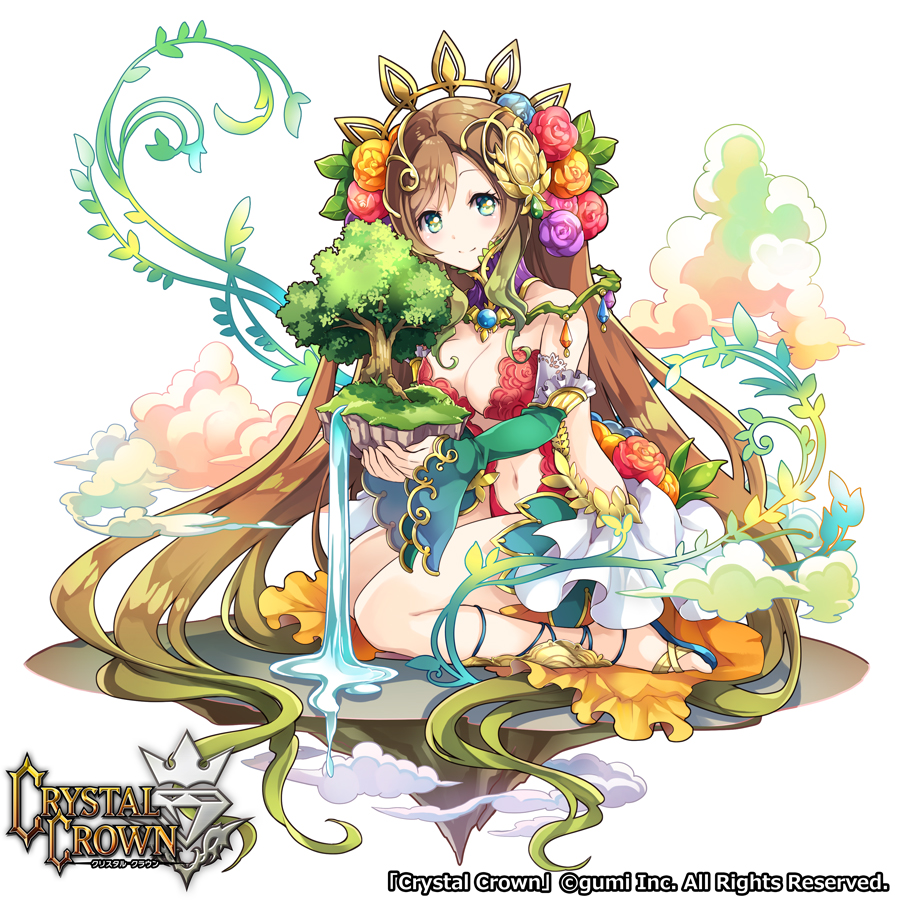 1girl, aqua_eyes, bare_shoulders, blue_flower, blue_gem, blue_rose, breasts, brown_hair, cleavage, closed_mouth, cloud, collarbone, commentary_request, company_name, copyright_name, crystal, crystal_crown, detached_collar, detached_sleeves, female_focus, floating, flower, full_body, gem, gradient_hair, grass, green_eyes, green_hair, green_skirt, hair_flower, hair_ornament, headdress, holding, light_smile, long_hair, looking_at_viewer, medium_breasts, multicolored_eyes, multicolored_hair, official_art, pink_flower, pink_rose, plant, purple_flower, purple_gem, purple_rose, red_flower, red_rose, rose, sandals, showgirl_skirt, simple_background, sitting, skirt, solo, swept_bangs, tree, very_long_hair, vines, water, waterfall, white_background, white_skirt, wide_sleeves, yamadori_ofuu, yellow_flower, yellow_rose