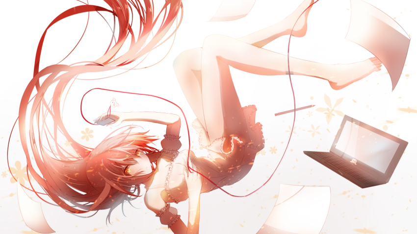 1girl, bare_shoulders, barefoot, closed_mouth, computer, detached_sleeves, dress, expressionless