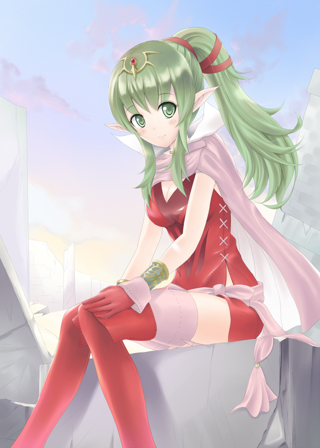 1girl, aged_up, blush, boots, bracelet, breasts, cape, cleavage, dress, female_focus, fire_emblem, fire_emblem_awakening, gloves, green_eyes, green_hair, hair_ornament, hair_ribbon, jewelry, light_blush, light_smile, long_hair, looking_at_viewer, medium_breasts, nintendo, ogata_(kitunetoishi), pink_cape, pointy_ears, ponytail, red_boots, red_dress, red_gloves, ribbon, sash, short_dress, sitting, smile, solo, thigh_boots, thighhighs, tiki_(adult)_(fire_emblem), tiki_(fire_emblem)