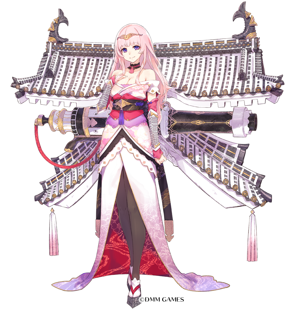 1girl, bare_shoulders, breasts, cleavage, copyright_name, detached_sleeves, female_focus, full_body