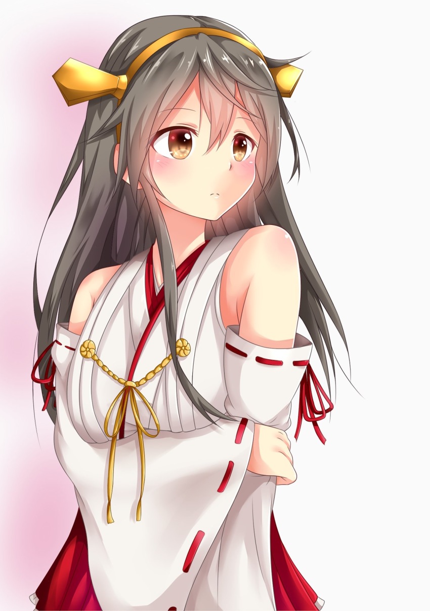 10s, 1girl, bare_shoulders, black_hair, blush, breasts, brown_eyes, detached_sleeves, female_focus, hair_ornament, hairband, haruna_(kancolle), headgear, highres, japanese_clothes, kantai_collection, long_hair, medium_breasts, nontraditional_miko, ribbon-trimmed_sleeves, ribbon_trim, seno_(nanrandesu), solo, upper_body