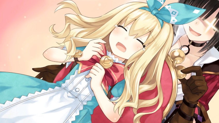 2girls, bare_shoulders, blonde_hair, bracelet, fairy_fencer_f, game_cg, hair_ribbon, harler