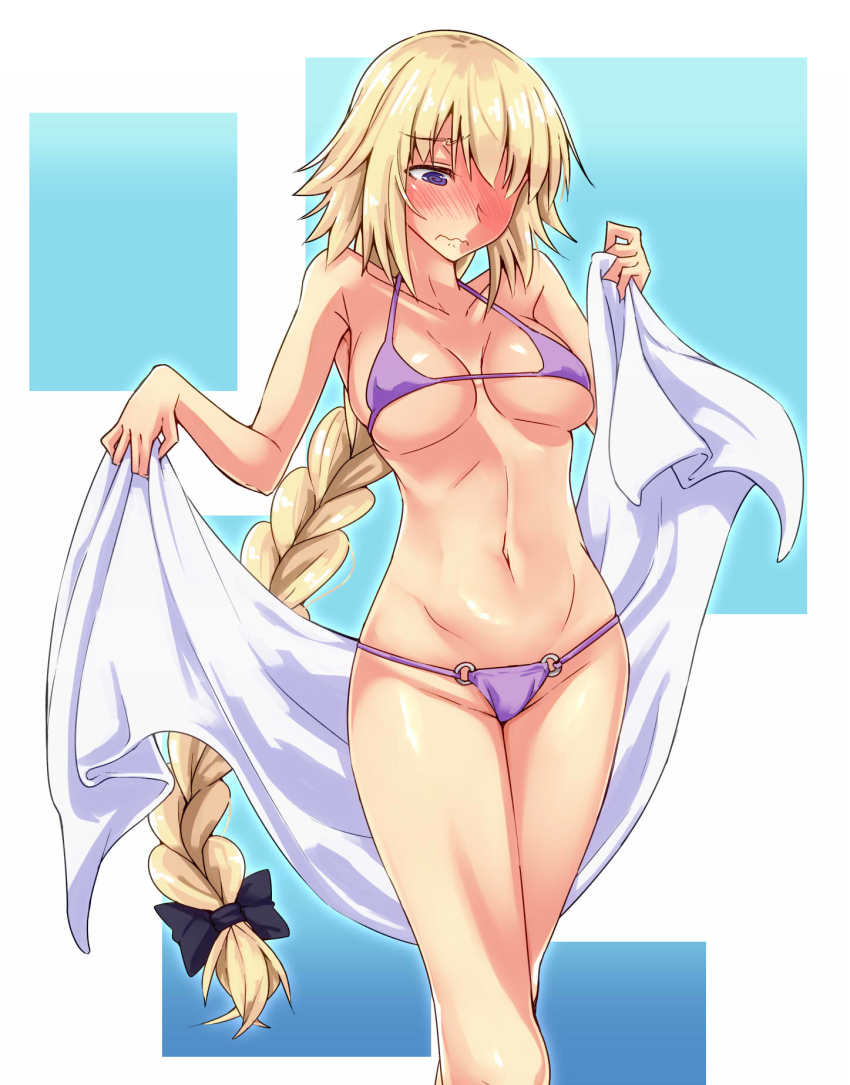 1girl, @_@, bikini, blonde_hair, blue_eyes, blush, bow, braid