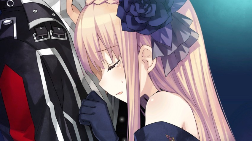 1boy, 1girl, blonde_hair, breasts, crying, closed_eyes, fairy_fencer_f, fang_(fairy_fencer_f)