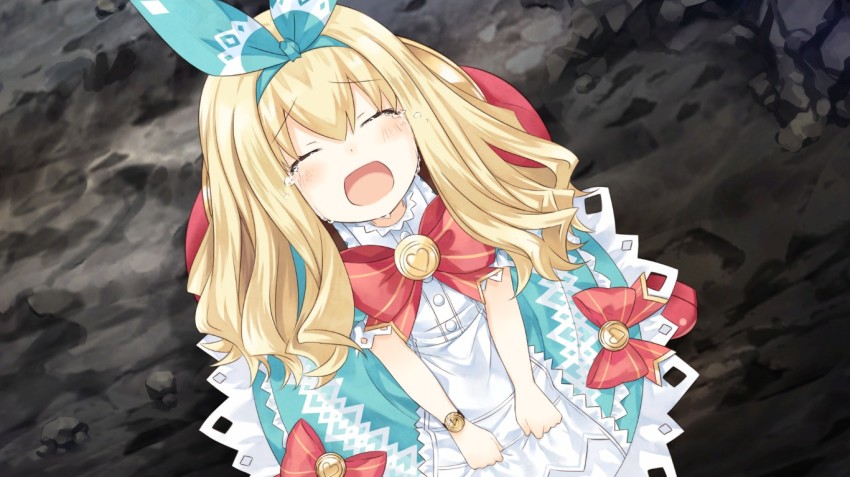 1girl, blonde_hair, bow, closed_eyes, crying, fairy_fencer_f, female_focus, game_cg, hair_bow, hairband, lola_(fairy_fencer_f), long_hair, official_art, open_mouth, ribbon, rolo_(fairy_fencer_f), solo, tears, tsunako