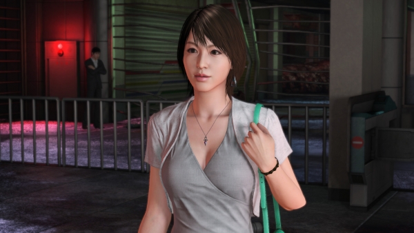 1boy, 1girl, bag, bracelet, breasts, city_shrouded_in_shadow, cleavage, earrings