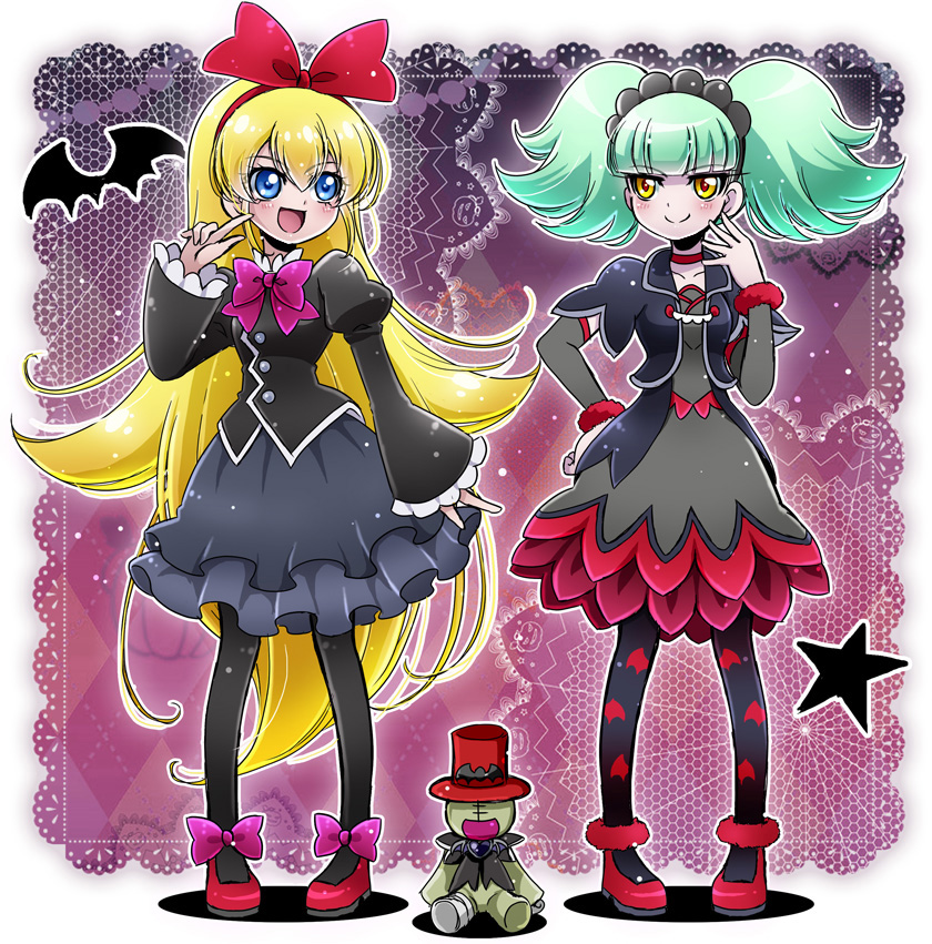 10s, 2girls, :d, animal_print, aqua_hair, argyle_background, argyle_clothes, arm_warmers, bat_print, biburi_(precure), biburi_(precure)_(cosplay), black_hairband, black_legwear, black_shirt, black_skirt, blonde_hair, blue_eyes, bow, choker, cokata, cosplay, costume_switch, cropped_jacket, dokidoki!_precure, doll, dress, full_body, gothic_lolita, grey_dress, hair_bow, hairband, hand_on_own_hip, hat, in-franchise_crossover, juliet_sleeves, kirakira_precure_a_la_mode, lolita_fashion, long_hair, long_sleeves, looking_at_another, multiple_girls, open_mouth, pantyhose, pink_bow, precure, puffy_sleeves, purple_background, red_bow, red_choker, red_footwear, red_hairband, red_hat, regina_(precure), regina_(precure)_(cosplay), shirt, shoes, short_hair, skirt, smile, standing, star_(symbol), top_hat, trait_connection, twintails, very_long_hair, yellow_eyes