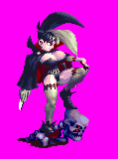 alternate_hair_length, alternate_hairstyle, animated, animated_gif, atlus, black_hair, bouncing_breasts, breasts, bustier, cape, cleavage, elbow_gloves, gloves, high_collar, huge_breasts, knife, leg_up, lowres, multicolored_hair, necro_samantha, pixel_art, princess_crown, red_eyes, short_hair, skeleton, skull, stitches, thighhighs, thighs, two-tone_hair, vampire_costume, vanillaware, walk_cycle