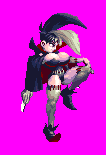 alternate_hair_length, alternate_hairstyle, animated, animated_gif, atlus, black_hair, bouncing_breasts, breasts, bustier, cape, cleavage, elbow_gloves, gloves, high_collar, huge_breasts, knife, leg_up, lowres, multicolored_hair, necro_samantha, pixel_art, princess_crown, short_hair, stitches, thighhighs, thighs, two-tone_hair, vampire_costume, vanillaware