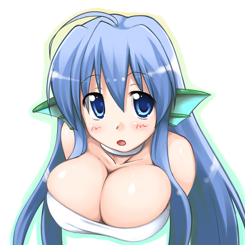 1girl, bad_id, bad_pixiv_id, blue_eyes, blue_hair, blush, breasts, cleavage, female_focus, fins, head_fins, ikujitto, large_breasts, long_hair, lowres, madou_monogatari, matching_hair/eyes, mermaid, monster_girl, puyopuyo, serilly_(puyopuyo), solo