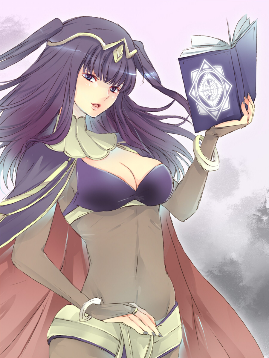 1girl, book, bracelet, breasts, circlet, cleavage, cloak, covered_navel