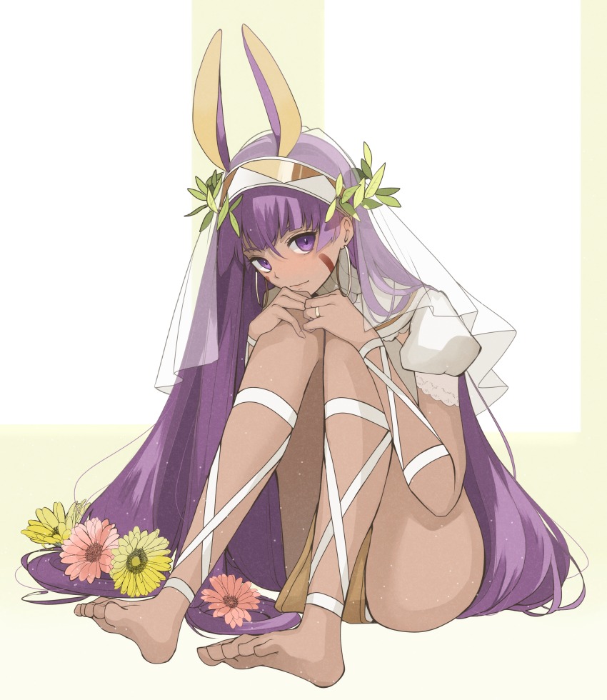 1girl, absurdres, animal_ears, barefoot, blush, bridal_veil, dark-skinned_female, dark_skin, earrings, facial_mark, fate/grand_order, fate/stay_night, fate_(series), feet, female_focus, flower, hairband, hand_on_own_knee, highres, hoop_earrings, hrmnas, jewelry, long_hair, nitocris_(fate), purple_eyes, purple_hair, solo, veil, very_long_hair