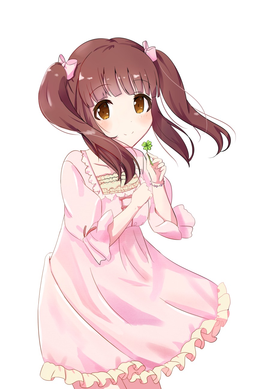 10s, 1girl, absurdres, alternate_costume, blunt_bangs, blush, brown_eyes, brown_hair, clover, clover_(flower), cowboy_shot, dress, eri_(erikaida), female_focus, flower, four-leaf_clover, hair_ornament, highres, idolmaster, idolmaster_cinderella_girls, long_hair, looking_at_viewer, ogata_chieri, pink_dress, ribbon, simple_background, smile, solo, twintails, white_background