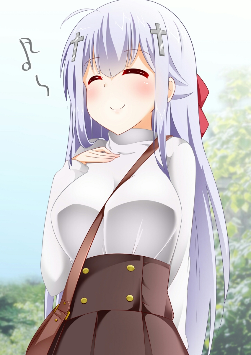 10s, 1girl, ^_^, ahoge, bad_id, bad_pixiv_id, bag, between_breasts