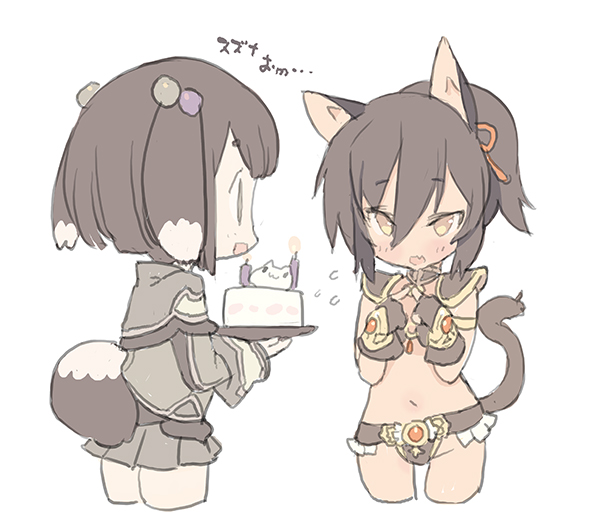 2girls, animal_ears, birthday, blade_(galaxist), blush, brown_gloves, brown_hair, cake