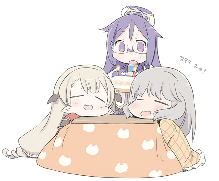 3girls, :o, =_=, alternate_hair_length, alternate_hairstyle, animal_print, birthday, blade_(galaxist)