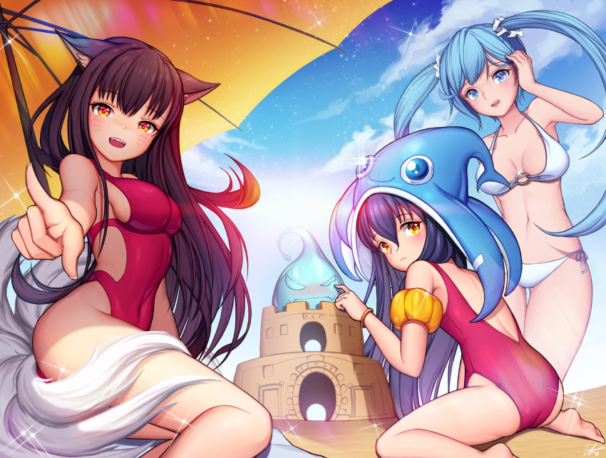 3girls, ahri_(league_of_legends), animal_ears, ass, bad_id, bad_pixiv_id, black_hair, blue_eyes