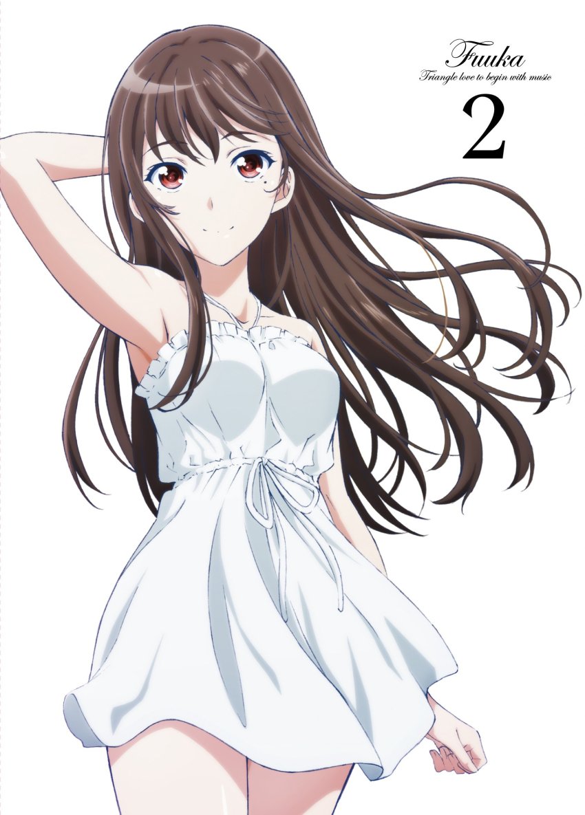 10s, 1girl, album_cover, arm_behind_head, arm_up, armpits, breasts, brown_hair