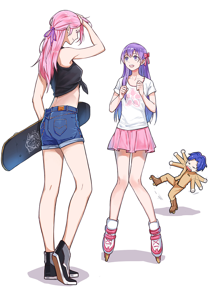 1boy, 2girls, blue_hair, bow, denim, denim_shorts, closed_eyes, fate/stay_night