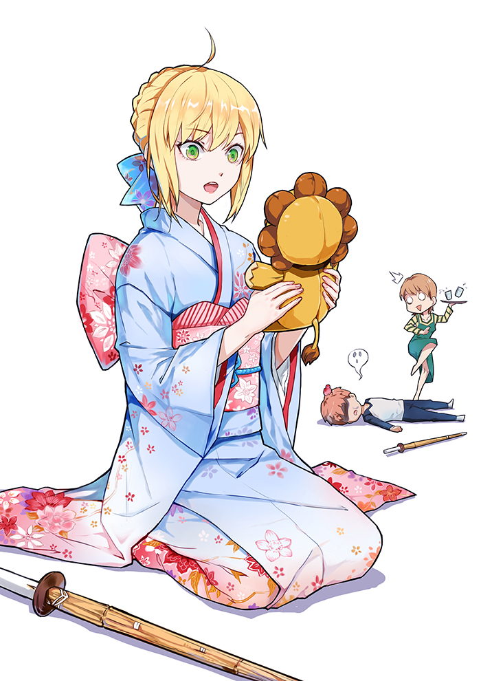 1boy, 2girls, ahoge, artoria_pendragon_(fate), blonde_hair, brown_hair, cup, dress