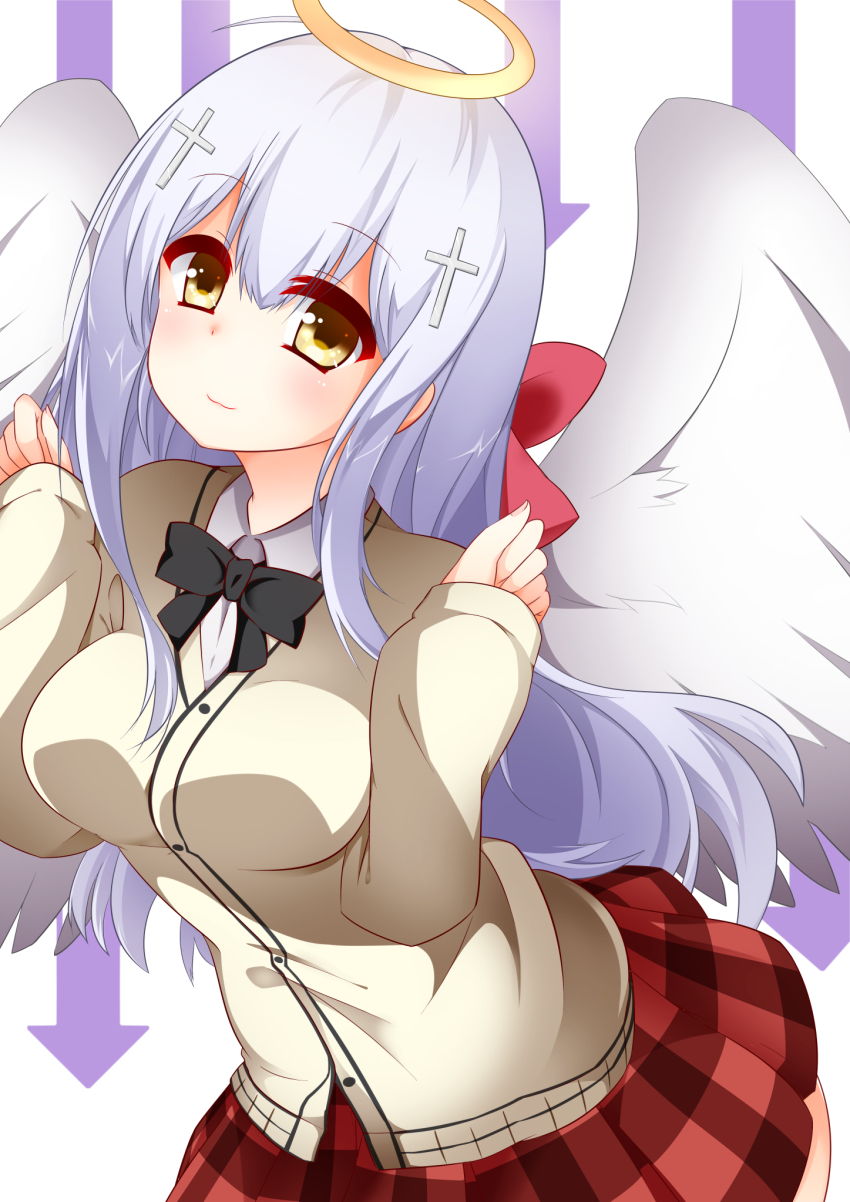 10s, 1girl, ahoge, angel, angel_wings, arms_at_sides, arrow_background, bad_id