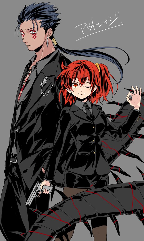 1boy, 1girl, black_necktie, blue_hair, cu_chulainn_(fate), cu_chulainn_alter_(fate), cu_chulainn_alter_(fate/grand_order), cu_chulainn_alter_(outrage)_(fate)