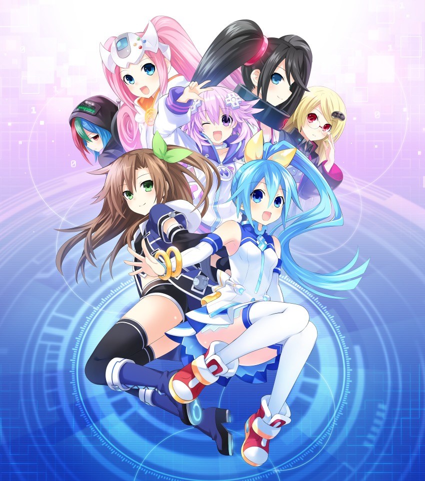 6+girls, absurdres, adjusting_eyewear, bare_shoulders, black_hair, blonde_hair, blue_eyes, blue_hair, blush, bodysuit, book, boots, braid, breasts, brown_hair, chibi, choujigen_taisen_neptune_vs_sega_hard_girls, earrings, gloves, green_eyes, hair_between_eyes, hair_ornament, heterochromia, highres, holding, holding_book, if_(neptunia), jewelry, long_hair, medium_breasts, multiple_girls, neptune_(neptunia), neptune_(series), official_art, open_mouth, orange_hair, pink_hair, ponytail, purple_eyes, purple_hair, red_eyes, sega_dreamcast_(sega_hard_girls), sega_game_gear_(sega_hard_girls), sega_hard_girls, sega_hatsumi, sega_mega_drive_(sega_hard_girls), sega_saturn_(sega_hard_girls), segami, sitting, skirt, small_breasts, smile, standing, symbol-shaped_pupils, thigh_boots, thighhighs, thighs, tsunako, twin_braids, twintails, very_long_hair, zettai_ryouiki