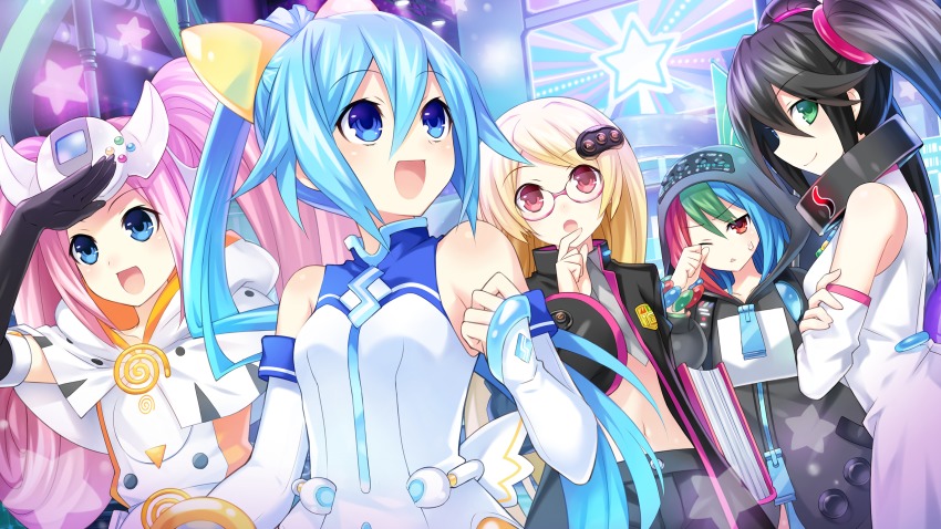 5girls, black_hair, blonde_hair, blue_eyes, blue_hair, choujigen_taisen_neptune_vs_sega_hard_girls, elbow_gloves, game_cg