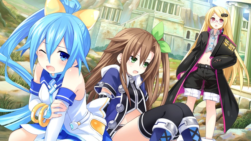 3girls, blonde_hair, blue_eyes, blue_hair, blush, bow, brown_hair, choujigen_taisen_neptune_vs_sega_hard_girls