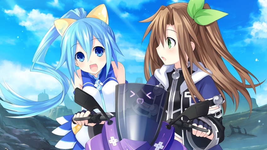 >_<, 2girls, blue_eyes, blue_hair, blush, bow, brown_hair, choujigen_taisen_neptune_vs_sega_hard_girls