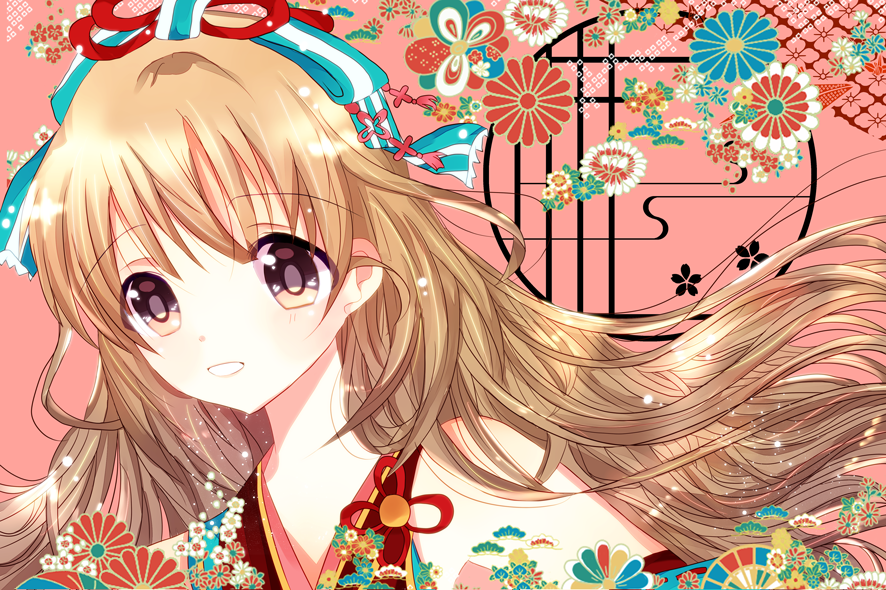 10s, 1girl, bow, brown_eyes, brown_hair, commentary_request, female_focus, hair_bow, hair_ornament, hatori, idolmaster, idolmaster_cinderella_girls, idolmaster_cinderella_girls_starlight_stage, japanese_clothes, kimono, long_hair, looking_at_viewer, ponytail, smile, solo, very_long_hair, yorita_yoshino