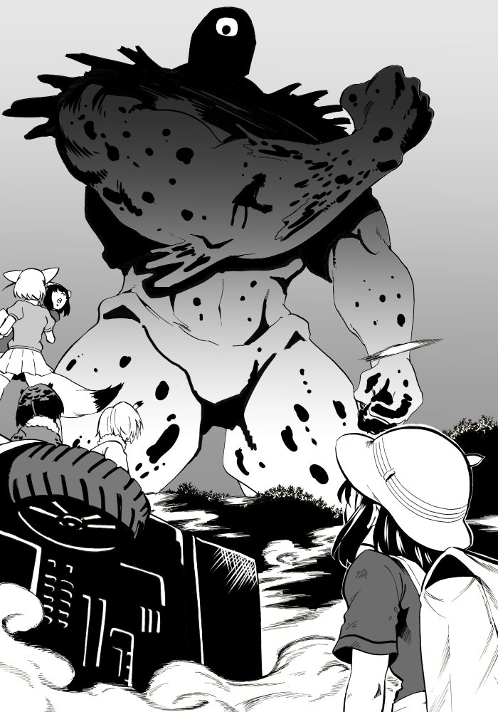 10s, 6+girls, animal_ears, atou_rie, backpack, bag, black_cellien_(kemono_friends), bucket_hat, carrying, cellien_(kemono_friends), clenched_hands, coat, common_raccoon_(kemono_friends), cyclops, fennec_(kemono_friends), fox_ears, fox_tail, fur_collar, giant, greyscale, hat, hat_feather, japari_bus, kaban_(kemono_friends), kemono_friends, long_sleeves, looking_at_another, looking_up, monochrome, monster, multiple_girls, northern_white-faced_owl_(kemono_friends), one-eyed, open_mouth, princess_carry, raccoon_ears, serval_(kemono_friends), serval_tail, shirt, short_hair, silhouette, size_difference, skirt, sound_effects, standing, t-shirt, tail