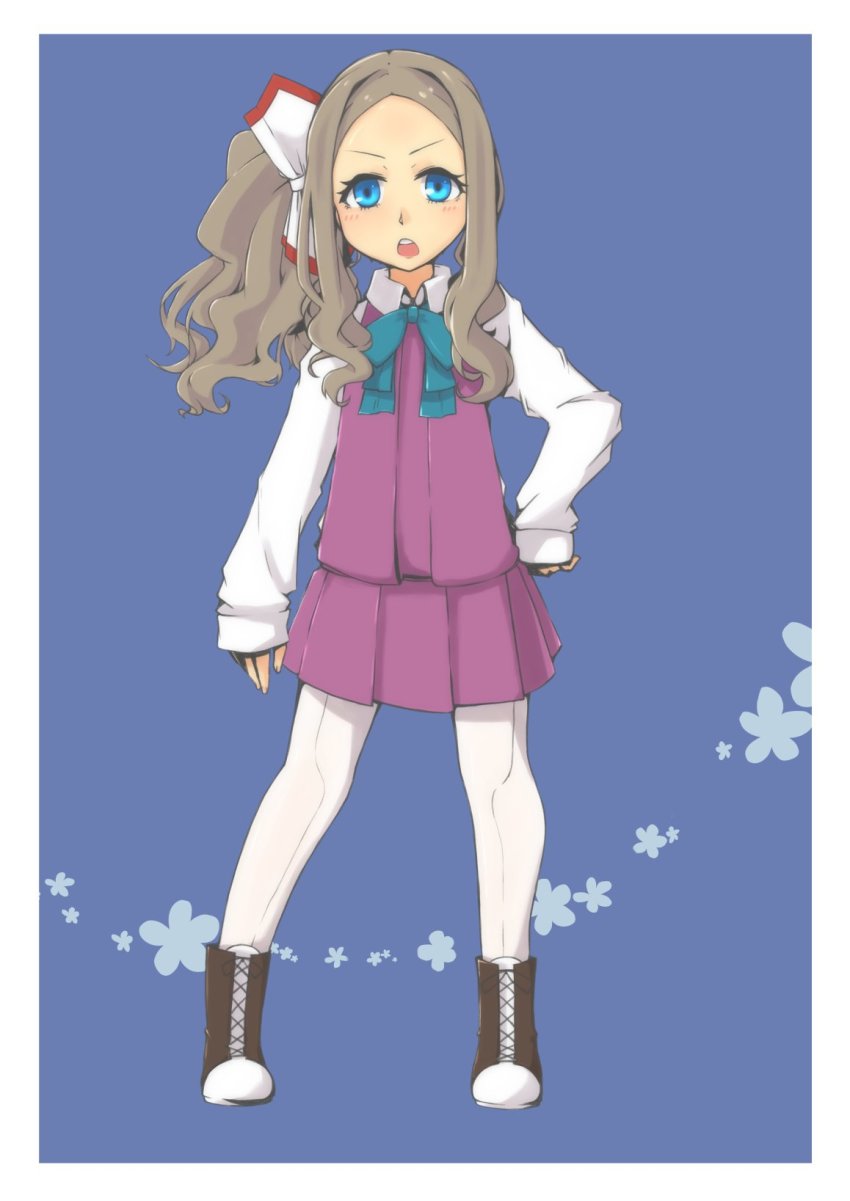 1girl, asakaze_(kancolle), blue_background, blue_bow, blue_eyes, boots, bow, brown_hair, cosplay, eyelashes, female_focus, floral_background, front-seamed_legwear, fujinami_(kancolle), fujinami_(kancolle)_(cosplay), grey_pantyhose, hair_bow, hand_on_own_hip, highres, kantai_collection, long_hair, long_sleeves, looking_at_viewer, macbail, open_mouth, pantyhose, ringlets, seamed_legwear, shirt, side_ponytail, skirt, sleeves_past_wrists, solo, vest, white_shirt