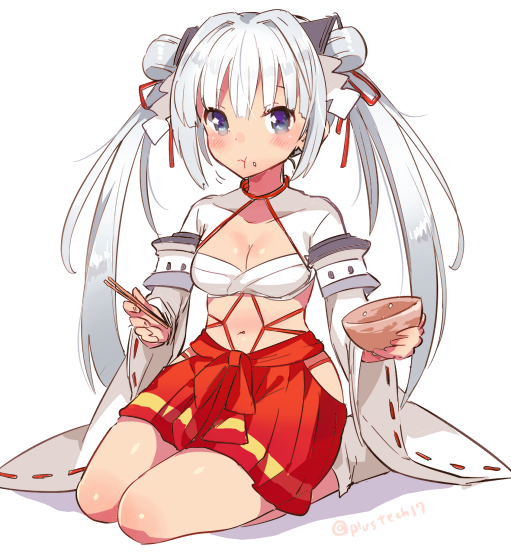 blue_eyes, bowl, breasts, chopsticks, cleavage, eating, hair_ornament, ichihaya